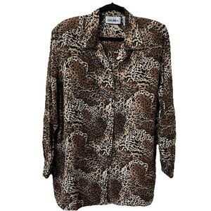 Vintage Galinda Silk Animal Print Shirt Womens 16 80s 90s Button Up Neutral